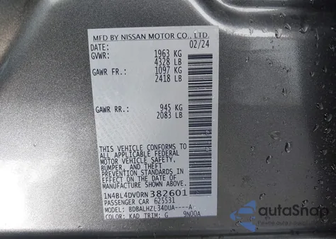 2024 Nissan Altima Sv Fwd из США, поврежденный, VIN 1N4BL4DV0RN382601